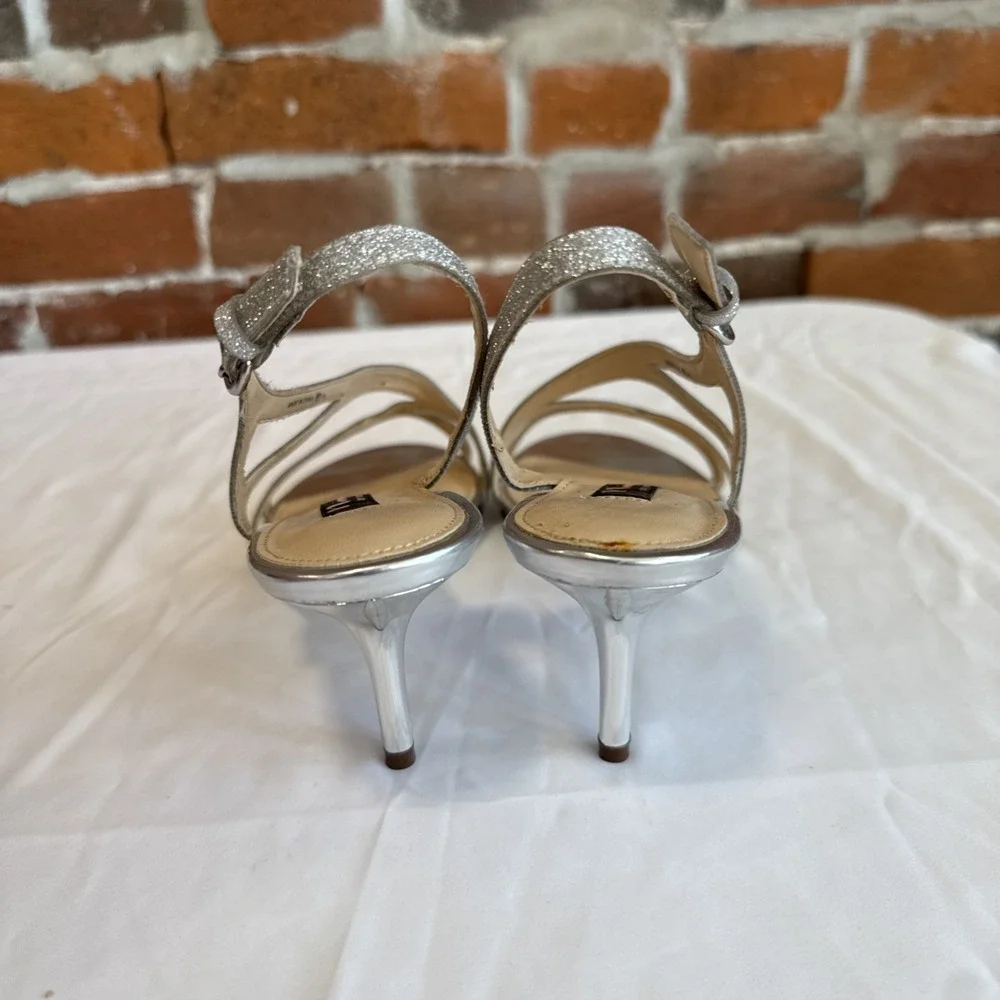 Y2K Silver Nina Heels Size 8.5 Glitter Slingback Sandals, Strappy Glam Look New